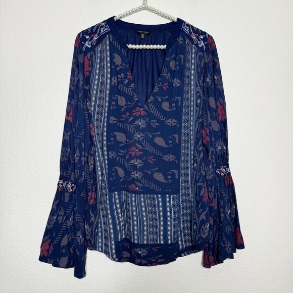 Lucky Brand Top Large Blue Square Stitch Print Embroidered V-Neck Boho Peasant - Picture 1 of 10